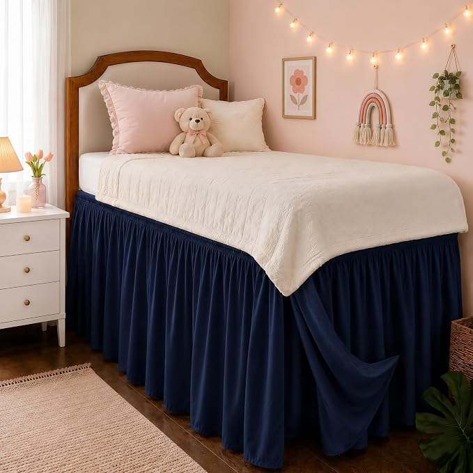 Dorm Room Bed Skirt Twin XL 42" Drop, College Split Corner Bedskirt, Navy | Solid ruffled, Wrap-around/elastic, Wrinkle & Fade resistant, with Adhesive Strips, Gift Packed, Machine Wash/Tumble Dry/Iron