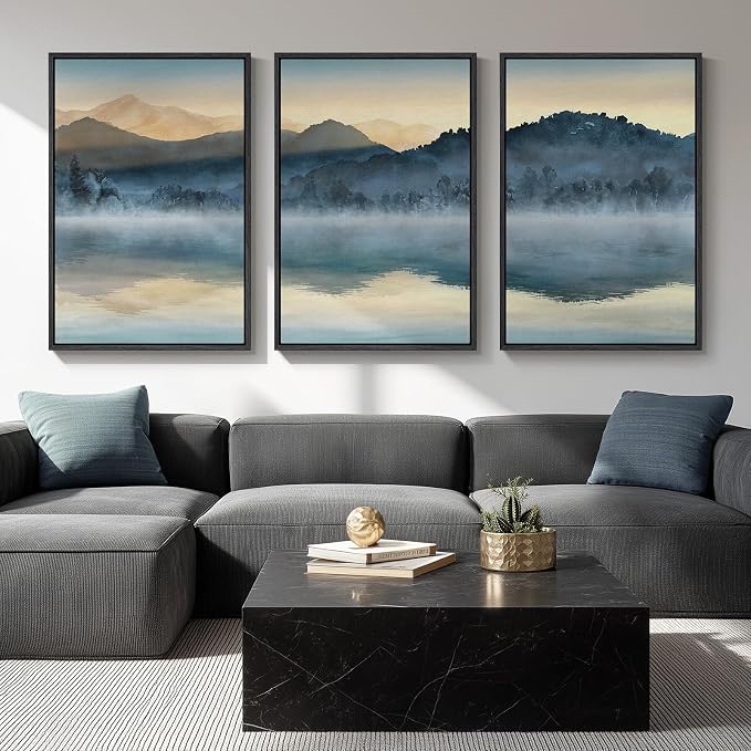 Framed Watercolor Mountain Landscape Wall Art for Living Room, 24x36 Inch | 3 piece, Modern, Minimalist, Large, Blue, Nature, Lake scenery, Dining room wall decor, Office art, Ready to hang, Wood frame