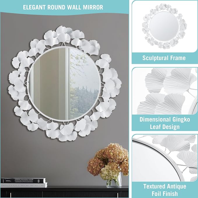 Martha Stewart Wall Décor Large Gingko Leaf Round Wall Mirror for Living Room, Iron Metal Plate Frame Antique Finish, Ready to Hang Bedroom Decoration, Eden, 30.5", White