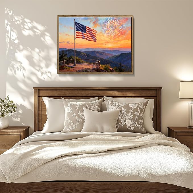 American Flag Framed Canvas Wall Art, 4th of July Patriotic Canvas Prints | USA Flag with Ocean Sunset Landscape Poster Print, Independence Day Wall Decor for Bedroom Living Room 11×14in
