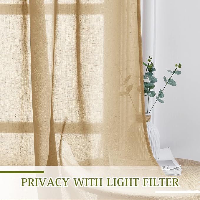 NICETOWN Linen Curtains 45 inch Length for Bathroom, Ring Top Semi Sheer Drapes Privacy with Light Through Window Treatments for Bedroom/Kids Room, Camel, W52 x L45, 2 Pieces