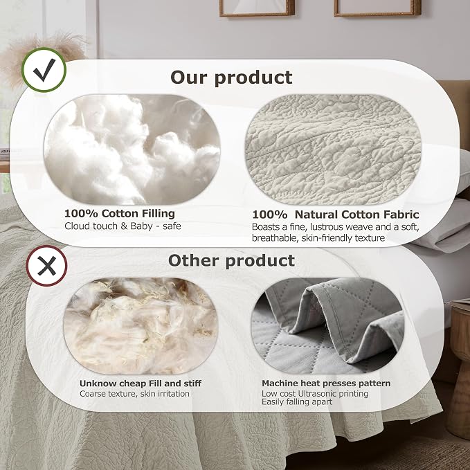 PALASSIO Beige Paisley 100% Cotton Quilt California Cal King Size Bedding Sets with 2 Pillow Shams, Oversized Boho Floral Farmhouse Vintage Soft Bedspread Shabby Chic Coverlet for All Season, 3 Pieces