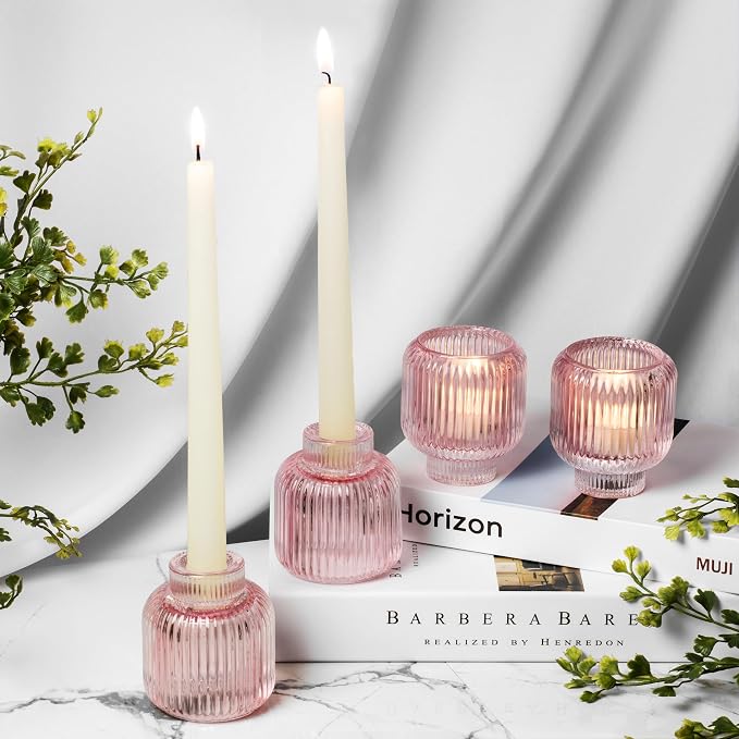 Set of 4 Pink Glass Candlesticks – Candle Sticks Holder Decor for Home or Events – Elegant Taper Candle Holders
