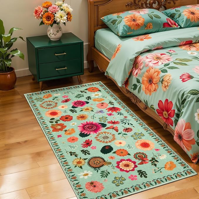 Ciicool 2x4 Small Rug for Entryway Runner Kitchen Floral Washable Area Rugs | Low Pile Soft Boho Non Slip Carpet for Entrance Hallway Laundry Bedroom Carpets