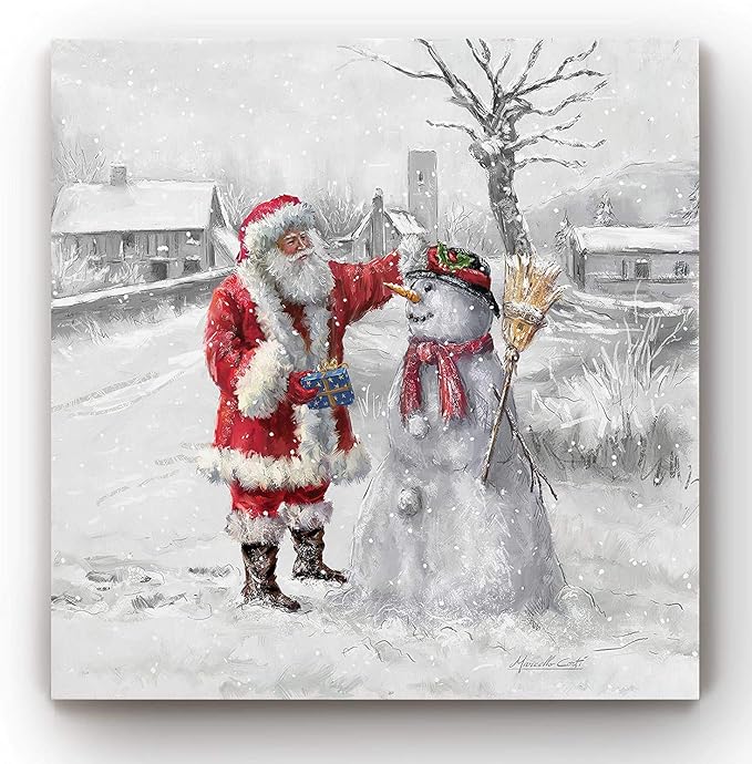 Renditions Gallery Xmas Canvas Paintings for Home Decorations Joyful Santa with Snowman in in Winter Snow Abstract Wall Art for Dining Living Room Kitchen Decor - 10"X10" LT05
