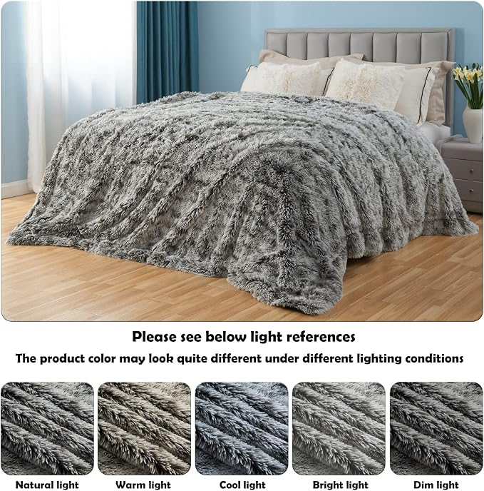 GONAAP Fuzzy Faux Fur Throw Blanket for Couch, Frosty Black, 50"x60" | Warm Cozy Plush Shaggy Decorative Reversible Thick Non-Heated Fleece Blanket for Sofa Bed, Gift for Women Men, All Season Use