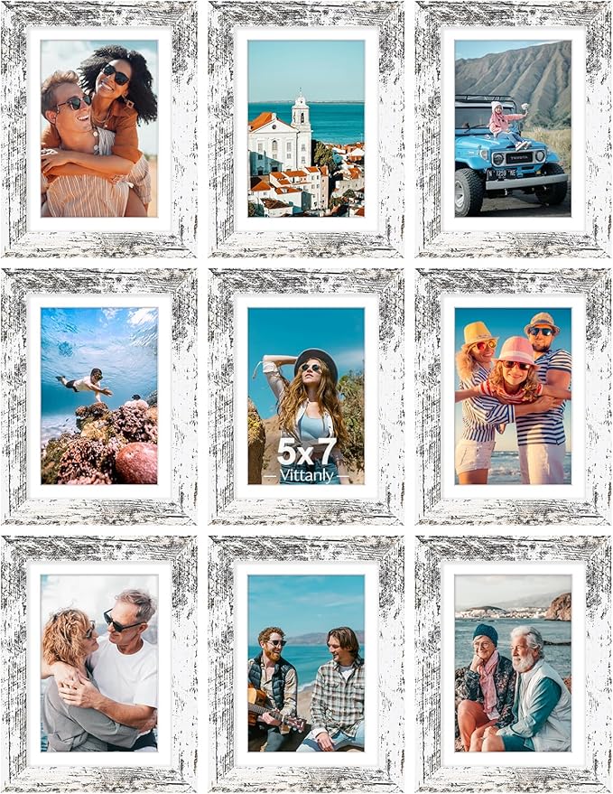 Vittanly 5x7 Picture Frames Set of 9, Wall & Tabletop, Distressed White | Display Pictures 4x6 with Mat or 5x7 without Mat, Small Photo Frames, Engineered Wood with Shatter Resistant Plexiglass