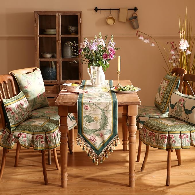 Patdrea Designer Vintage French Linen Table Runner,12"X87"-Cecilia A | Tablerunner 87 Inches Long,Green Floral Print,Decorative Runner for Dining Room Living Room Banquet,Tassel Edge