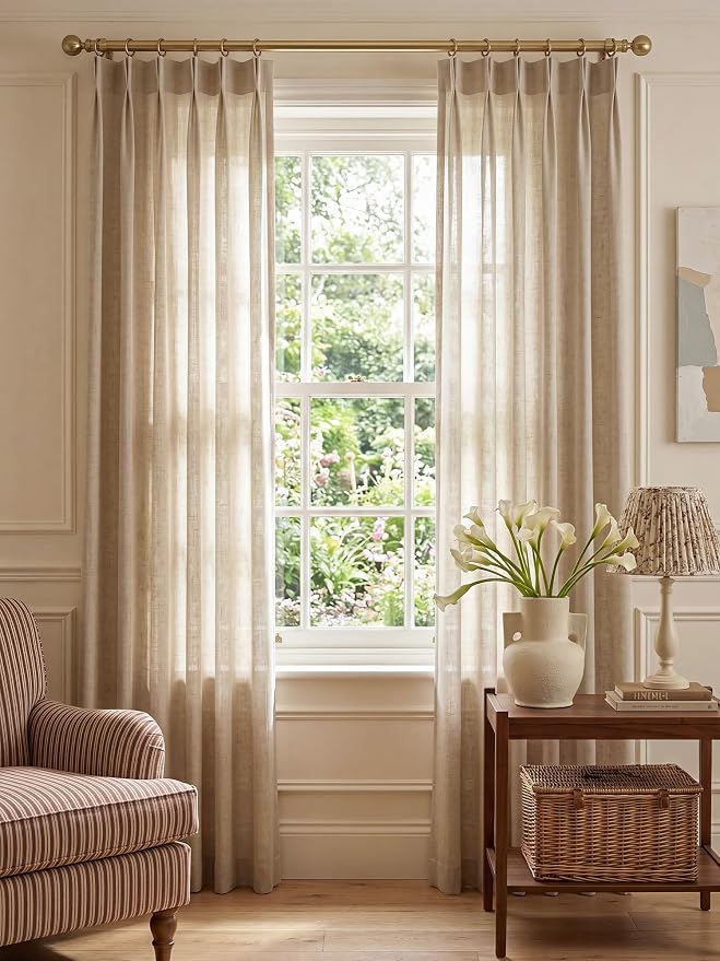 Liz Pinch Pleated Linen Curtains Light Filtering Curtains for Living Room, Farmhouse Window Curtains for Bedroom, Modern Drapes with Hooks and Rings, 102 Inches Long, Burlywood Birch, 2 Panels Set