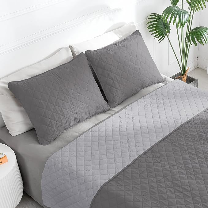 Easy-Going Reversible Quilt Set Twin, Bedspread with 1 Shams | Gray/Light Gray, Lightweight Microfiber Bed Comforter, 1 Quilt + 1 Pillow Shams, All-Season Coverlets for Bedroom