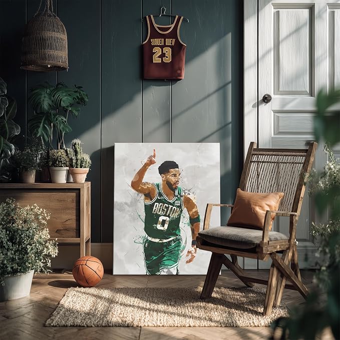 Jayson Tatum Basketball Canvas Wall Art, Sports Player Poster, 8x10 Inch | Abstract splash ink athletic artwork, motivational sports wall decor for teen boys room, bedroom, living room, gym or office