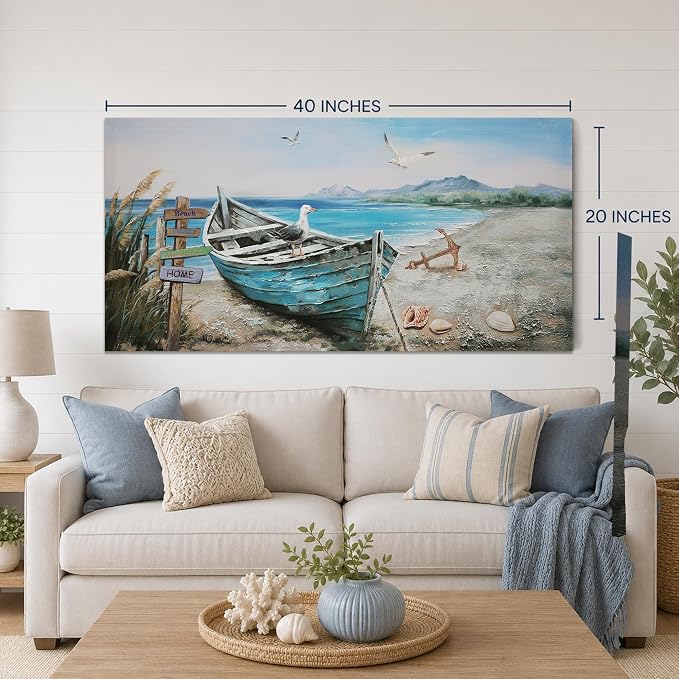 Anolyfi Nautical Wall Art Decor Coastal Artwork for Living Room 40"x20" | HD Print and Hand-painted Textured, Easy to Hang, Durable Colorfast, Blue Boat Beach Paintings for Hallway Home Decor