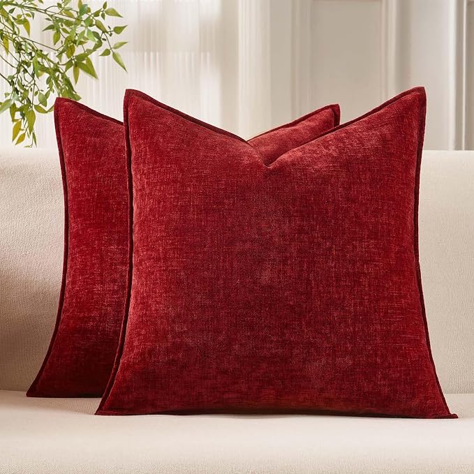 JUSPURBET 24x24 Chenille Decorative Throw Pillow Covers Set of 2,Red | ﻿Cozy Soft Cushion Cover Case with Hidden Zipper for Couch Sofa Bed Living Room Home Decor Christmas