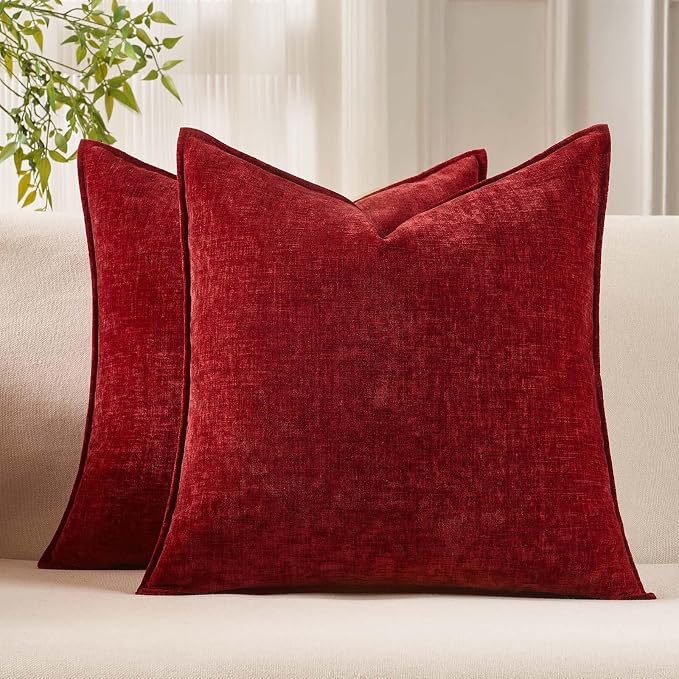 JUSPURBET 22x22 Chenille Decorative Throw Pillow Covers Set of 2,Red | ﻿Cozy Soft Cushion Cover Case with Hidden Zipper for Couch Sofa Bed Living Room Home Decor Christmas