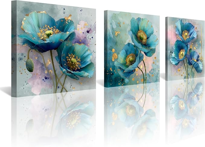 NAN Wind 3Pcs Blue Teal Poppy Flower Wall Art Canvas Print with Gold Accents Modern Botanical Floral Contemporary Watercolor Style Elegant Flower Artwork for Living Room Bedroom Home Office Wall Decor