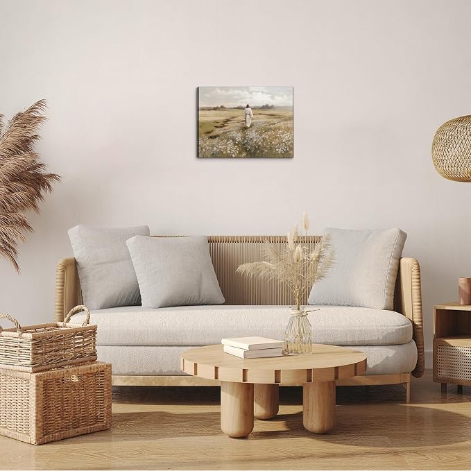 Framed Jesus Wall Art, Christian Jesus Walking In Field Canvas Wall Decor Painting, Vintage Landscape Scripture Religion Artwork Prints Pictures for Church Prayer Room Living Room 12x16 Inch