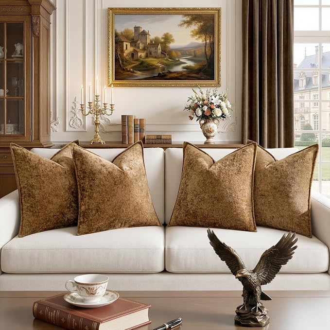 a moment Throw Pillow Covers 24X24 Inch 4 Packs,Soft Velvet Decorative Pillow Cases with 3D Ice Flower,Texture Modern Accent Cushion Covers for Sofa Couch Home Decor Golden Brown