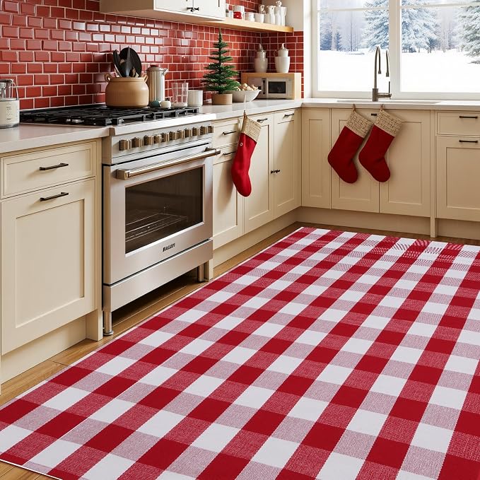 Christmas Buffalo Plaid Rug 5x7 Ft, Red White Indoor Outdoor Rug | Cotton Blend, Hand-Woven Look, Machine Washable, Layering Rug, Porch Entryway Decor