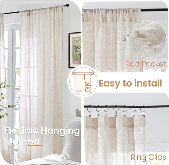 BGment Oatmeal Linen Semi Sheer Curtains 72 Inch Length for Living Room - Rod Pocket Light Filtering Window Drapes Natural Textured for Bedroom Farmhouse Lightweight, 2 Panels Set, 52 X 72 Inch