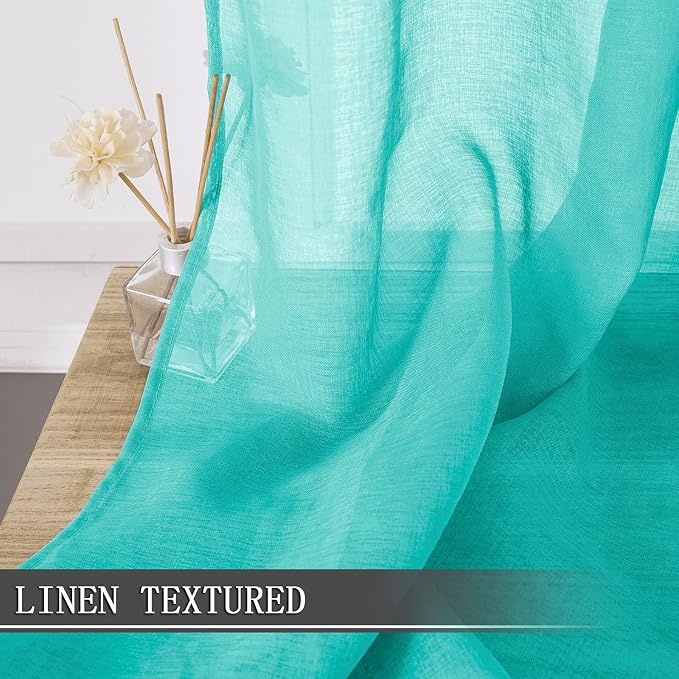 Tollpiz Sheer Tier Curtain Linen Textured Half Kitchen Curtains Sheer Light Filtering Rod Pocket Voile Small Curtains for Bathroom, 25 x 36 inches Long, Aqua Blue, Set of 2 Panels