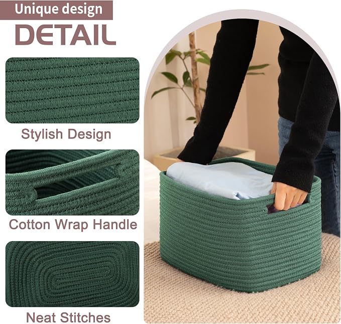 OIAHOMY 4 Pack Storage Baskets for Organizing 15L Cube Storage Bins Green | Woven Baskets for Storage Rectangle Small Baskets With Handles Baskets for Shelves Wicker Baskets for Shelves 12.7x9x7.8inch