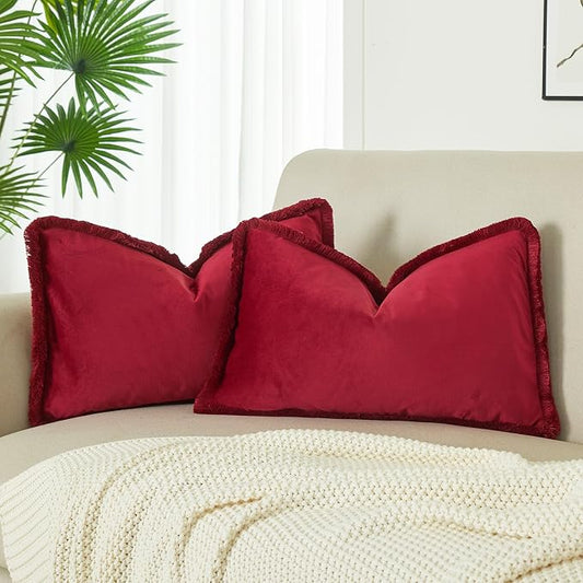 JUSPURBET Red Decorative Lumbar Velvet Fringe Throw Pillow Covers 12x20 Set of 2 Boho Soft Cushion Case for Home Decor Living Room Couch Sofa Bed