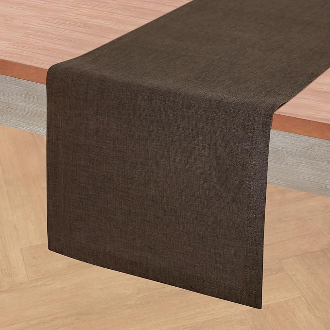 Solino Home 100% Pure Linen Table Runner Brown Woven, Athena 14 x 48 in | brings a tailored look to family meals and hosting, European flax fibres, effortlessly elegant, soft, OEKO-TEX Certified