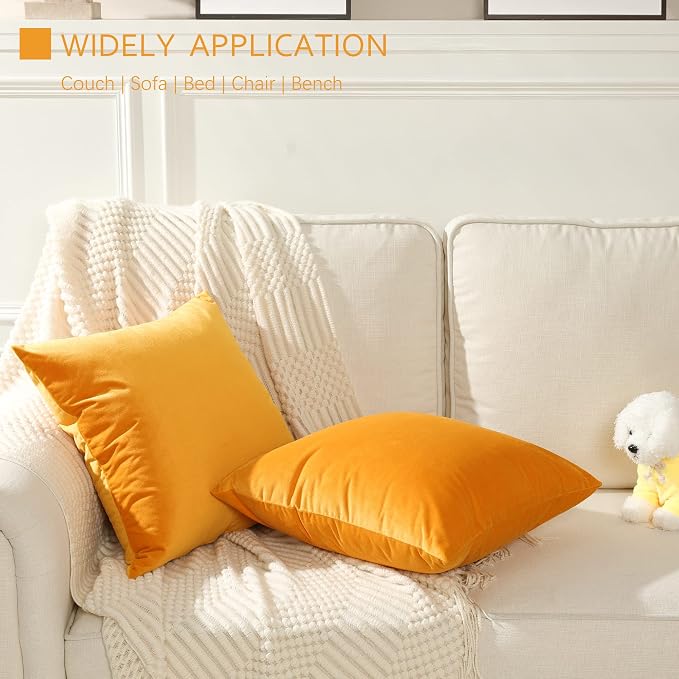 Stellhome Soft Velvet Throw Pillow Covers Square Decorative Cushion Covers for Bed Couch Sofa Bench, 18 x 18 inch (45 x 45 cm), Gold, Pack of 2