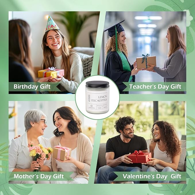 Molensun Lemon Eucalyptus Scented Candle, Soy Wax 7 oz | Bright lemon eucalyptus aromatherapy fragrance; 50H burn long-lasting jar candle; Gift for women