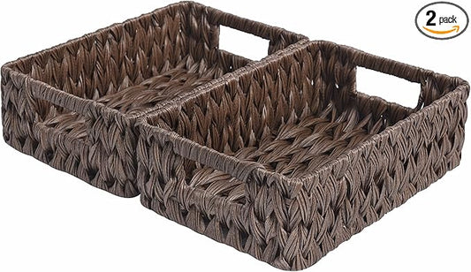 GRANNY SAYS Wicker Baskets with Handles,Small Woven Basket for Storage, Waterproof Storage Basket Organizer,Decorative Storage Boxes for Organing Pantry,Brown Basket,2-Pack,11 1/4''L x 7 1/2''W x 3 1/2''H | Waterproof Dark Brown Wicker Baskets, Small W...