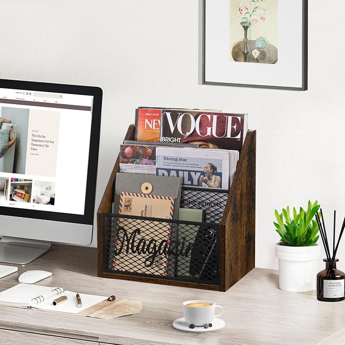 YINMIT 3 Tier Magazine Rack, Stepped Magazine Holder Floor for Home Storage | 3 Tier Stepped Design, Wood and Metal Construction, Easy Magazine Display, Book Organizer Basket for Living Room, Office
