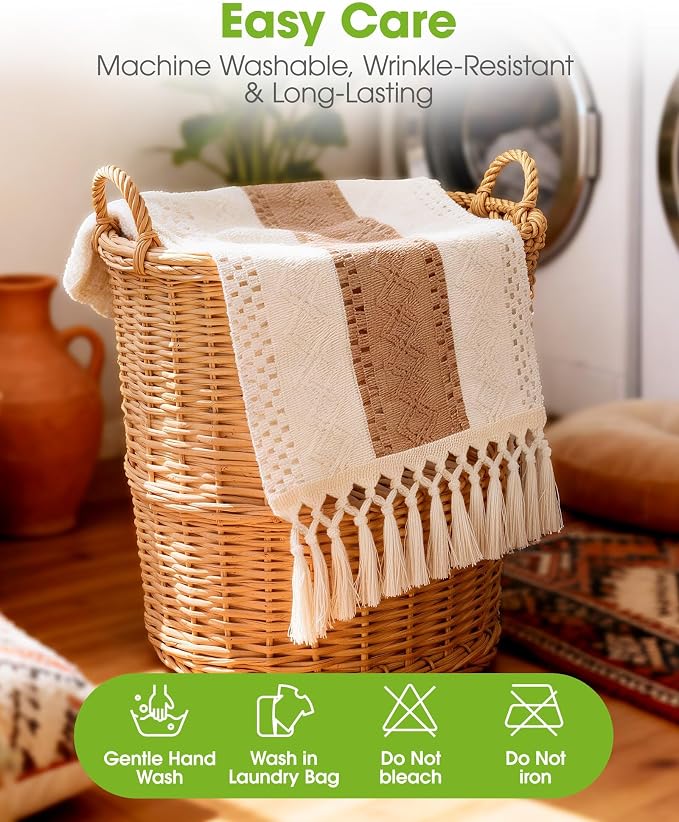 Pureegg Farmhouse Boho Table Runner 12 x 72 Inch, Brown | Dining Table Decor, Kitchen, Coffee Table, Linen Textured, Woven Tassel Table Runner