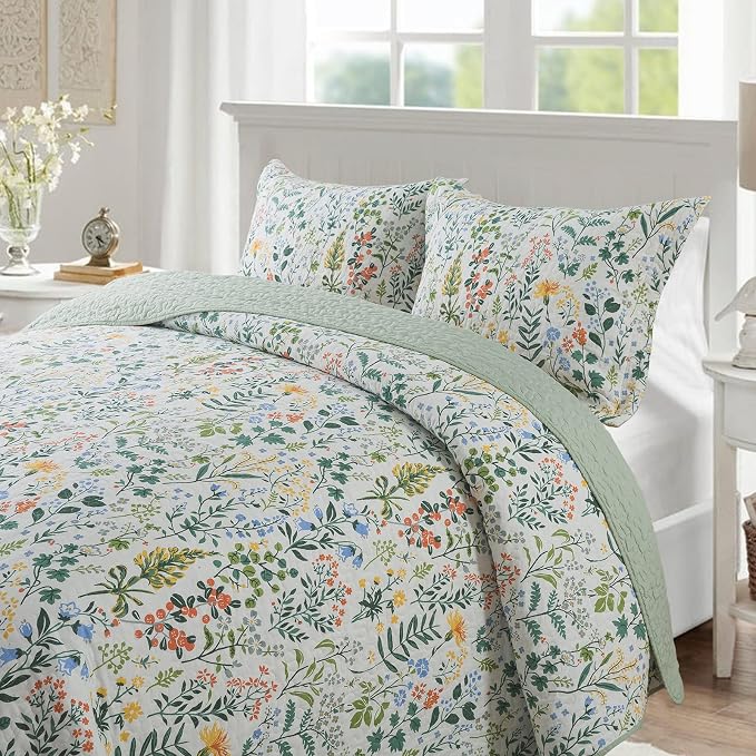 NEWLAKE Cotton Bedspread Quilt Sets-Reversible Patchwork Coverlet Set, Green Classic Floral Pattern, Queen Size