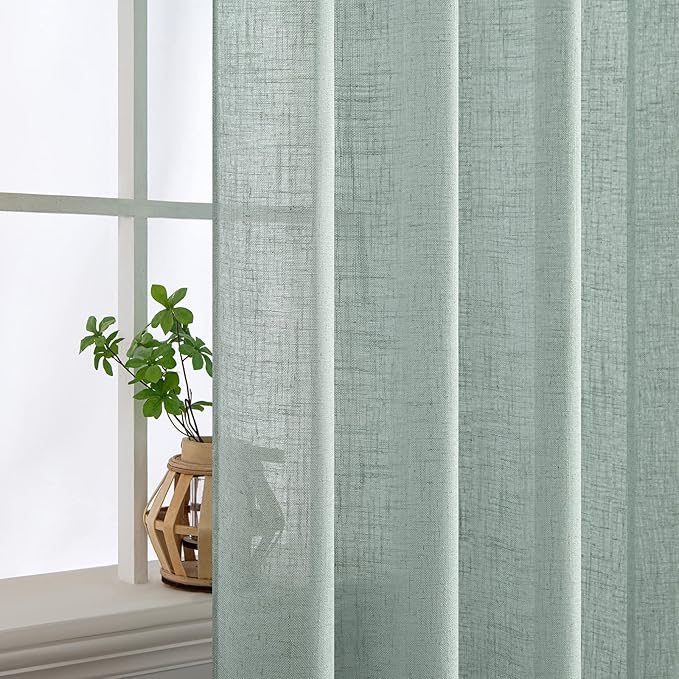 MIULEE Sea Green Linen Curtains 52x72 Inch for Bedroom Living Room 2 Panels | Soft Thick Linen Textured Window Drapes,Semi Sheer Light Filtering,Back Tab Rod Pocket,Burlap Look Aqua Decor