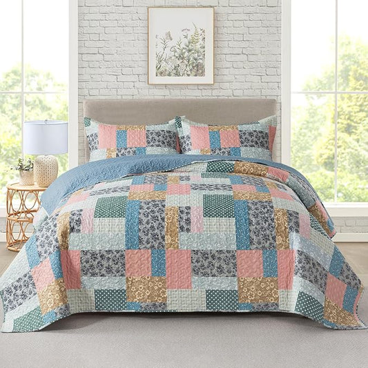 Travan Lightweight Coverlet Set 3-Piece Bedspread Quilt Set Garden Style Floral Printed Oversized Quilted Bedding Set with Shams for All Season, Exquisite, Queen Size