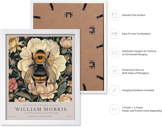 Poster Master William Morris Poster - Bumble Bee Print - Flower Art - Botanical Art - Exhibition Illustration - Animal Illustration - Floral Painting - Bee Artwork - Aesthetic Office or Bedroom Decor - 16x20 White Framed