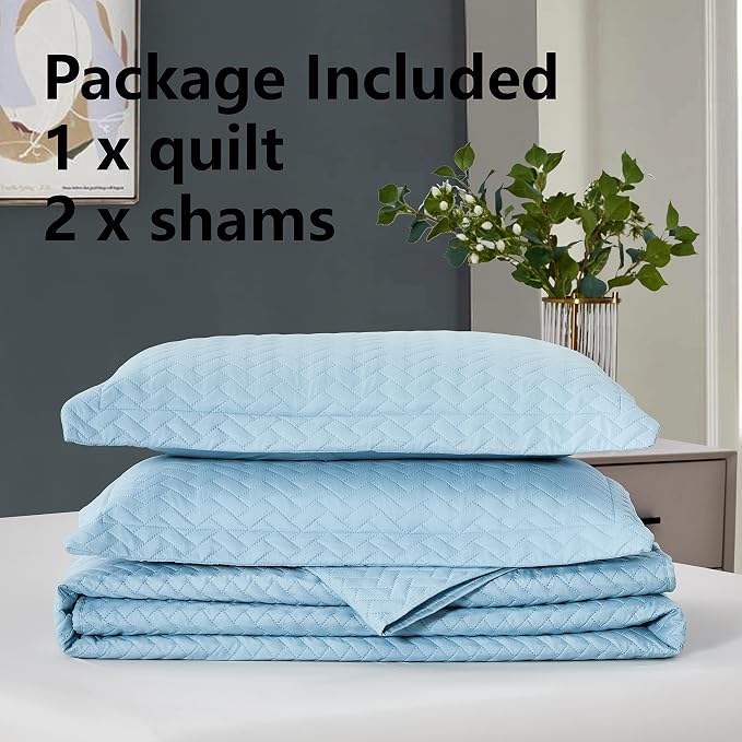 Maple&Stone Blue Quilt Set Queen Size, Lightweight Bedspread | Breathable Coverlet with Chevron Pattern, All-Season Dorm Bed Cover Set Bedding Decor 3 Piece
