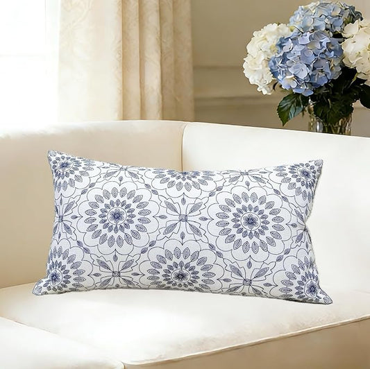 Slow Cow Linen Embroidery Decorative Lumbar Throw Pillow Cover Pillowcase Rectangular Pillow Cover Cushion Cover for Bed Couch Sofa 12 x 20 Inches Navy Blue