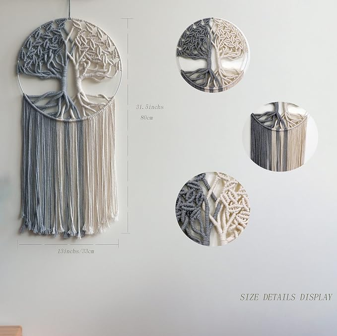GUKALYLY Tree of Life Macrame Wall Hanging,Chic Handmade Woven Boho Home Décor,Eclectic Wall Decor for Bedroom Nursery Apartment Dorm Decoration,Gift for Teen Girl Mom(13" W X 31.5" L) (Grey&White)