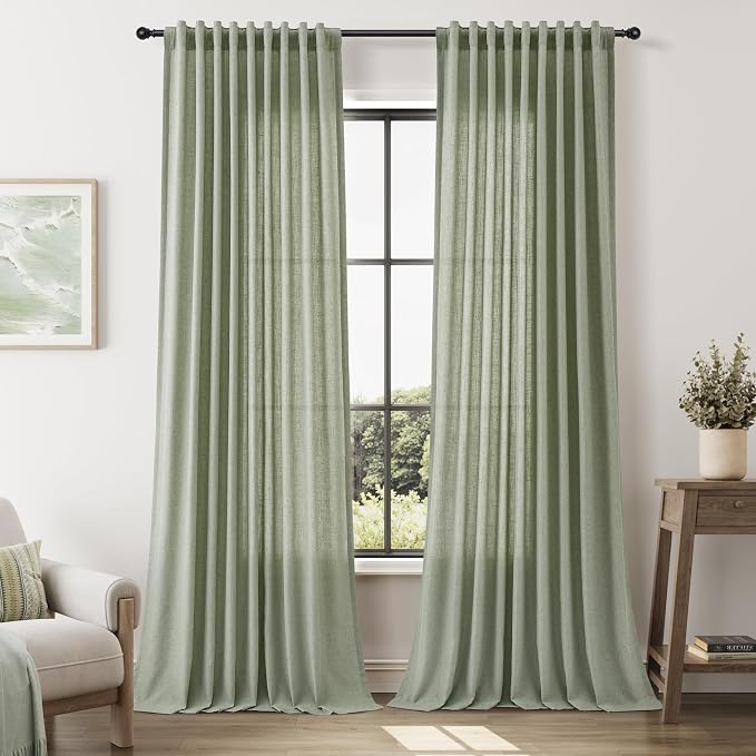 Extra Long Linen Curtains 102 Inches for Living Room Back Tab Semi Sheer Floor to Ceiling Light Filtering Curtain Boho Farmhouse Decor Window Drapes for Bedroom 2 Panels Light Sage
