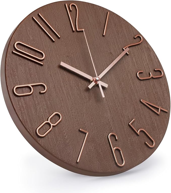 Wall Clock 12 Inch Silent Non-Ticking Imitation Wood Indoor Clock Round Brown Decor Clock Modern 3D Figures Quartz Wall Clocks for Home, Hotel, Office, School