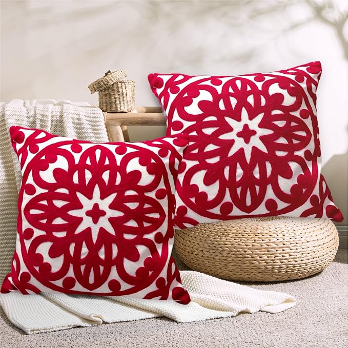 Alysheer Christmas Red Embroidered Decorative Throw Pillow Covers 18"x18" Set of 2, Cozy Warm Boho Mandala Knit Patterned Durable Cotton Canvas Cushion Cases for Sofa Couch Living Room Xmas Decor