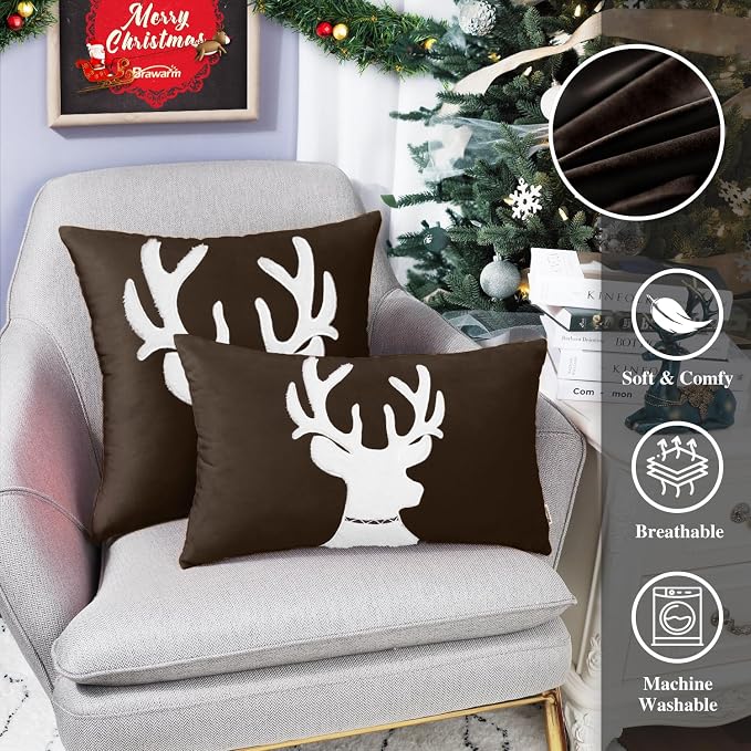 BRAWARM Christmas Pillow Cover 12 X 20 Inches, Coffee Reindeer Embroidered Lumbar Pillow Cover, Soft Velvet Decorative Throw Pillow for Couch Bed Sofa Living Room Home