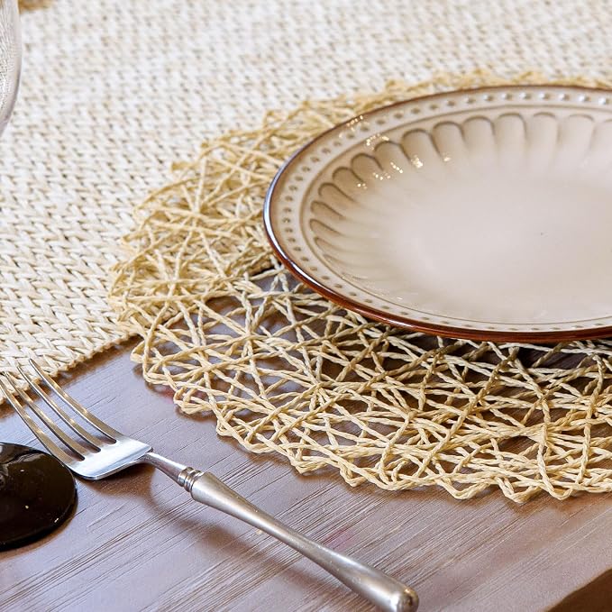 AHHFSMEI Paper Braided Round Placemats Set of 6 Natural Non-Slip Heat Resistant Table Mats for Dining Tables Woven Indoor & Outdoor Place mats(Beige)