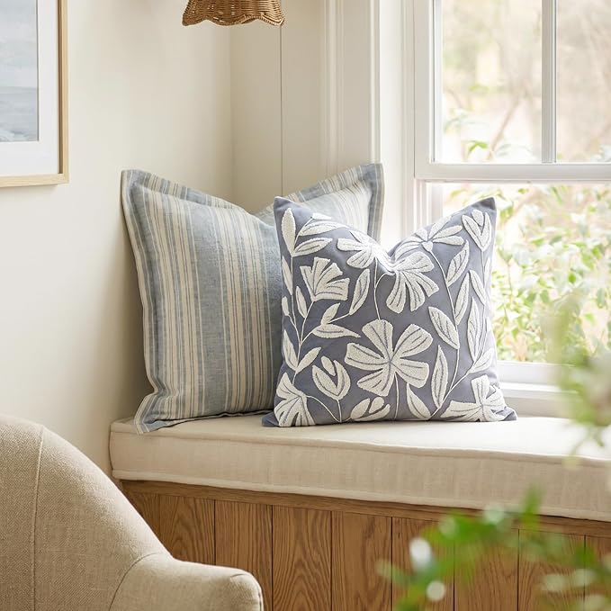 BlissBlush Decorative Throw Pillow Cover 20x20, Coastal Dusty Blue Velvet Accent Cushion Cover for Couch Sofa Living Room, Floral Tufted Square Pillowcase (Cover Only)