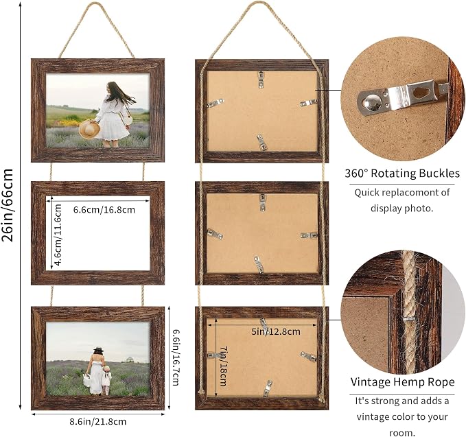 5x7 Collage Picture Frames Set of 2, Rustic Wooden Real Glass Horizontal Hanging 3 Opening 5 by 7 Photo Frame, Brown