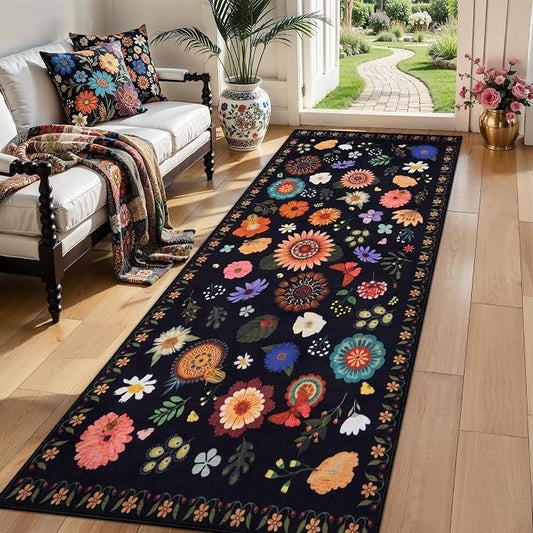 Ciicool 2x6 Runner Rug Non Slip，Floral Washable Kitchen Rugs for Hallways | Entryway Rug for Laundry Bedroom Bathroom Bedside,Boho Soft Low Pile Carpet Indoor Floor Mat Decor