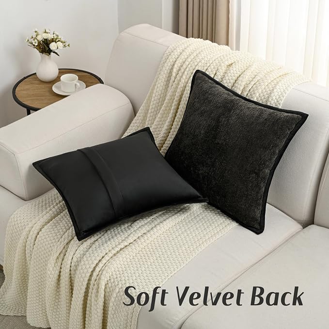 FUTEI Pack of 2 Chenille Soft Throw Pillow Covers 16x16 Inch, Black