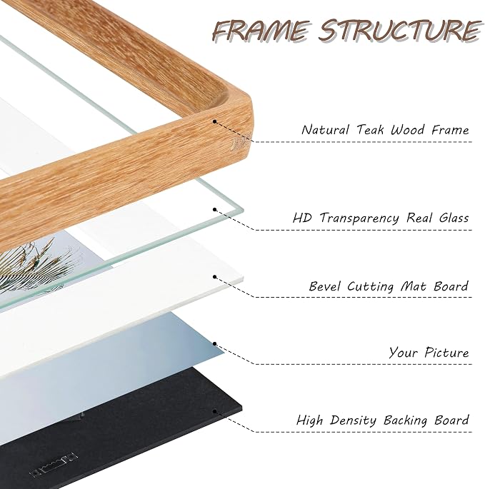 Square 12x12 Picture Frame with Mat for 8x8/10x10, USA-Sourced Natural Teak Wood Handcrafted Rounded Corner with Real Glass, Vertical or Horizontal Display Photo Gallery Wall Mounting Frame