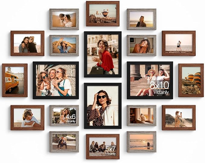 Vittanly 20 Pack Gallery Wall Frame Set, Black, Walnut Brown, Dark Grey | Picture Frames Collage Wall Decor for Wall or Tabletop Display, Picture Frame Set: 4pcs 8x10, 8pcs 5x7, 8pcs 4x6, MDF Wood